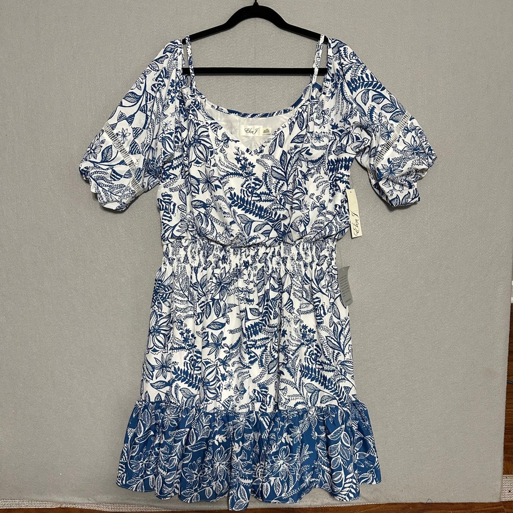 Eliza J Womens 18W Cold Shoulder Floral Smocked Waist Ruffle Dress Blue White